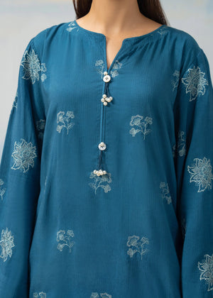 Blue embroidered kurta top with round neckline and white button-front detail