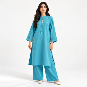 Women's 2-piece suit: long tunic with tassel buttons and wide-leg pants, teal