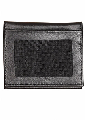 Black leather wallet front with card slot window and stitched border