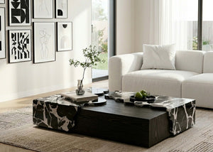 Portoro marble center table with black base and white veined stone top, square design