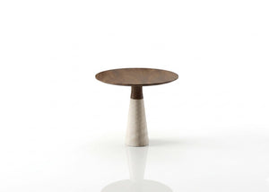 Emerson round side table with dark wood top and wide pedestal base