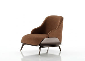 Emerson upholstered armchair with curved back, brown fabric seat, and dark legs