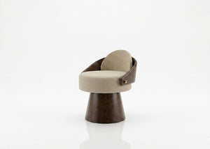 Emerson accent swivel chair with beige upholstery and dark round pedestal base