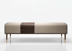 Emerson upholstered settee with taupe cushion, dark center wood panel, and gold legs