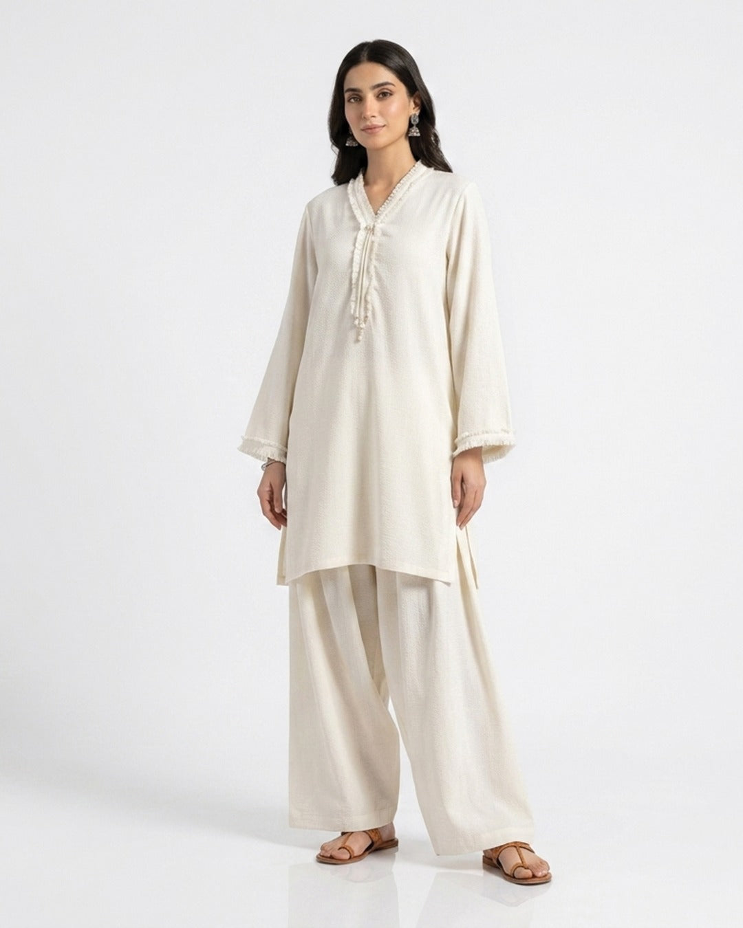 Women's off-white summer co-ord set: long tunic with V-neck and wide-leg pants
