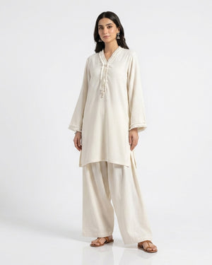 Women's off-white summer co-ord set: long tunic with V-neck and wide-leg pants