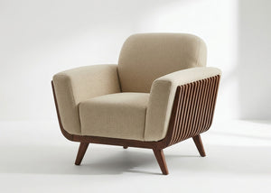 Upholstered lounge chair in beige fabric with curved arms and dark wooden legs