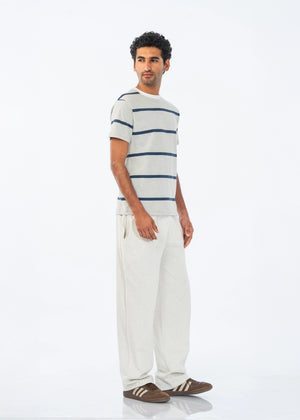 Men's summer night suit: blue-striped crew T-shirt with light lounge pants.