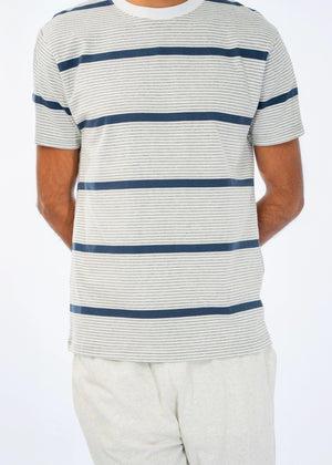 Blue and white striped crewneck T-shirt with short sleeves; light matching pants.