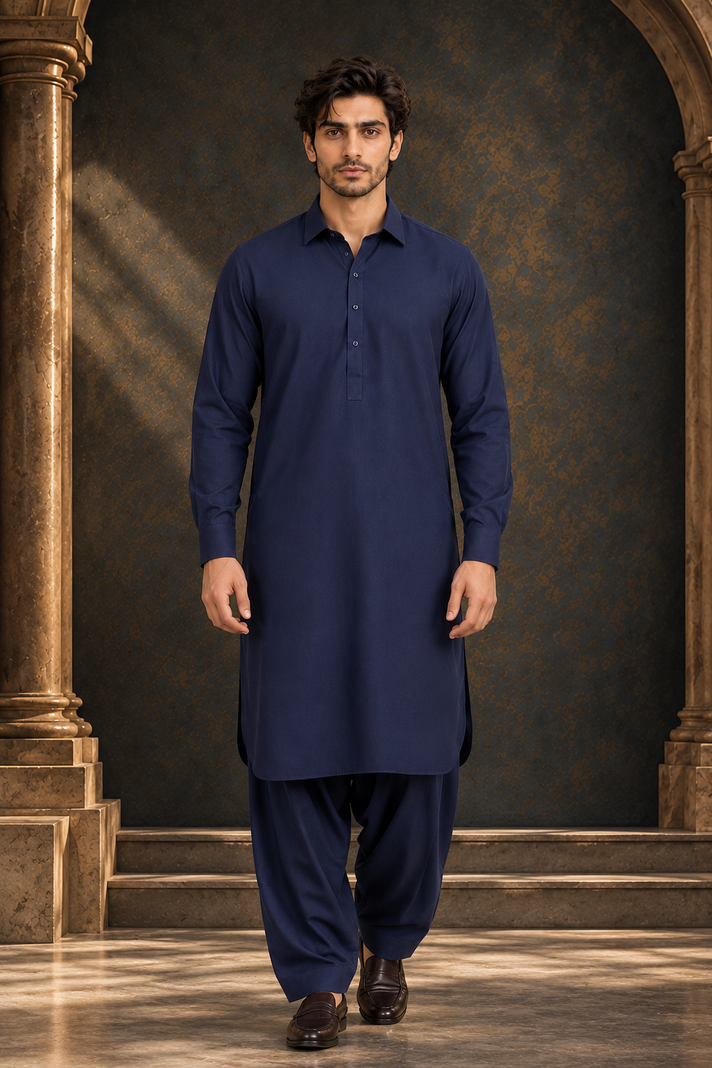 Men's blue kurta tunic with button front and matching trousers
