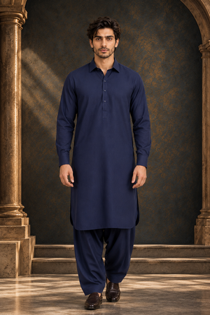 Men's blue kurta tunic with button front and matching trousers