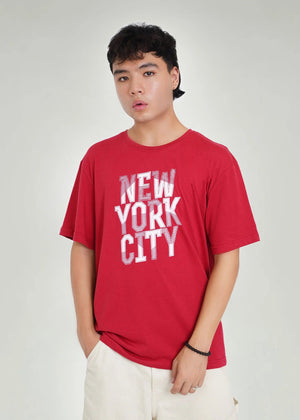 Maroon round-neck T-shirt with 'NEW YORK CITY' graphic on front; short sleeves