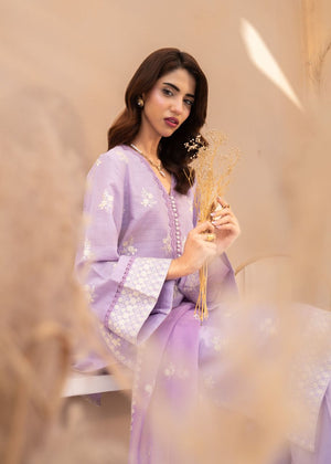 Lilac embroidered kurta set with button-front placket and matching dupatta overlay