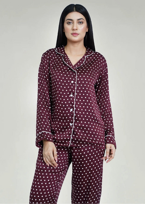 Men's winter night suit, burgundy dotted pajama set with button front and matching pants