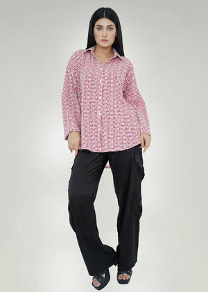 Men's red-and-white check cotton shirt, long sleeves, button front, spread collar