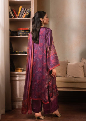 Women's printed 3-piece silk suit in maroon/purple, tunic with dupatta and pants (back)