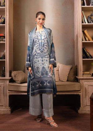 Women's 3-piece printed suit set: long tunic with blue border motifs, light pants, dupatta