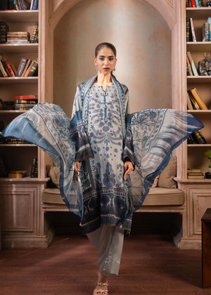 Women's 3-piece printed suit set: flowing long tunic with blue paisley print, pants and dupatta
