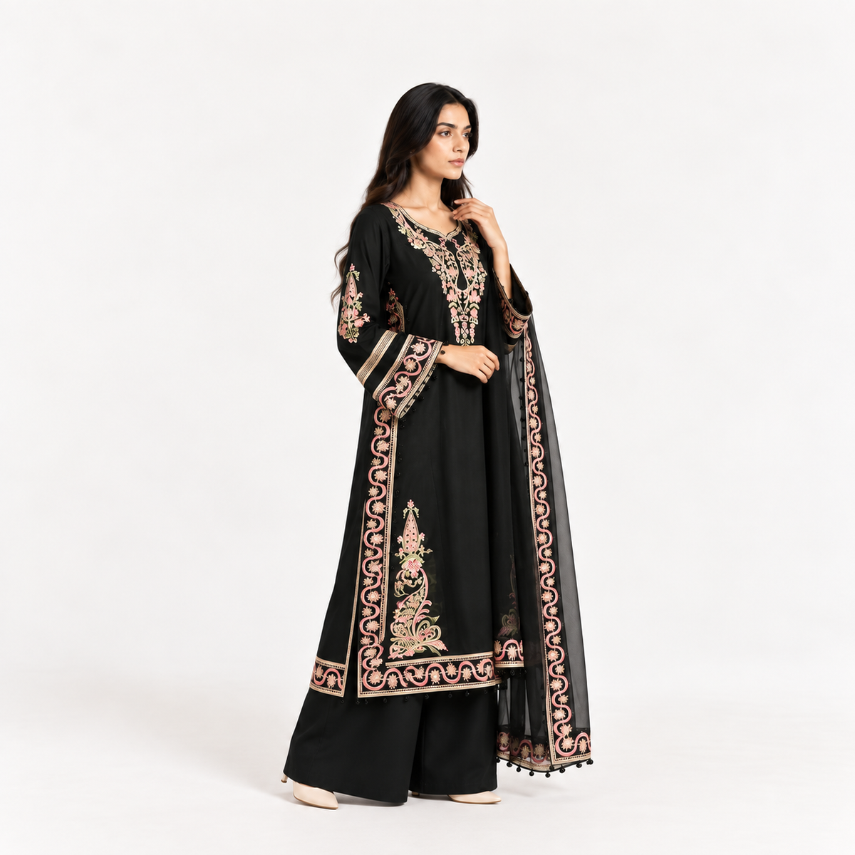 Women's 3-Pcs Embroidered Suit Black