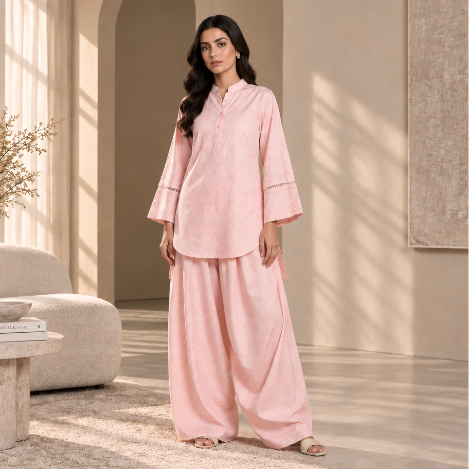 Pink 2-piece suit: long tunic top and wide-leg pants