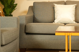 Jackson sofa corner with light gray upholstery and cream throw pillow on the backrest.