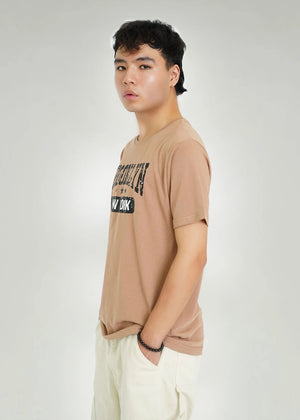 Men's brown round-neck T-shirt side view with BROOKLYN NEW YORK graphic