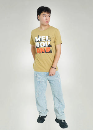 Men's mustard round-neck T-shirt with large multicolor front graphic