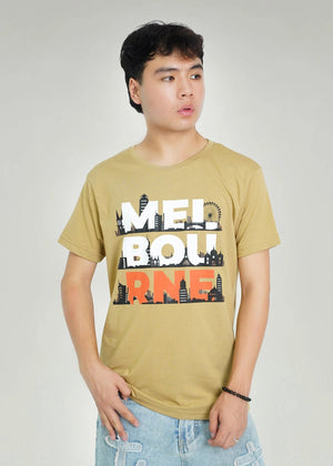 Men's mustard round-neck T-shirt with large multicolor front graphic print