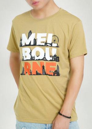 Men's mustard round-neck T-shirt with city-style multicolor graphic print