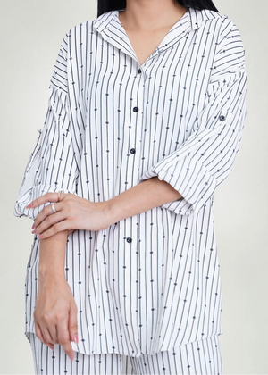 Men's white printed shirt with button front and 3/4 sleeves, part of co-ord set
