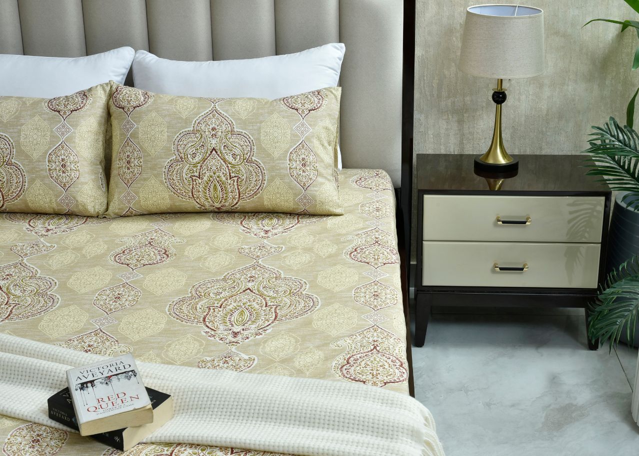 Seamist summer pillow cover, cream with gold paisley medallion and repeating geometric pattern