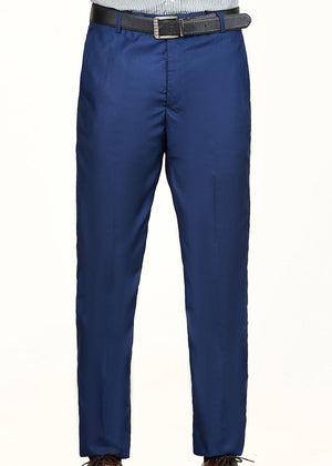 Men's navy dress trousers with belt, front crease, and zip fly