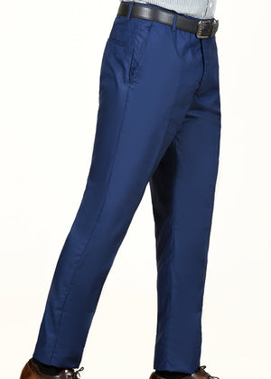 Men's navy dress trousers with belt and side seam detailing, full length
