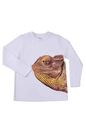 Boys' white knit long-sleeve T-shirt, crew neck, fox graphic front