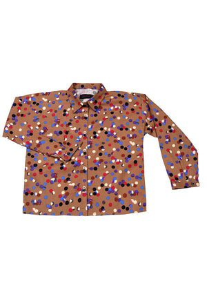Girls' casual brown button-up shirt with long sleeves, collared confetti print