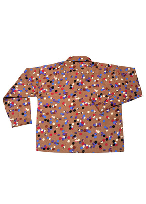 Girls' casual brown button-up shirt, long sleeves, multicolor confetti print