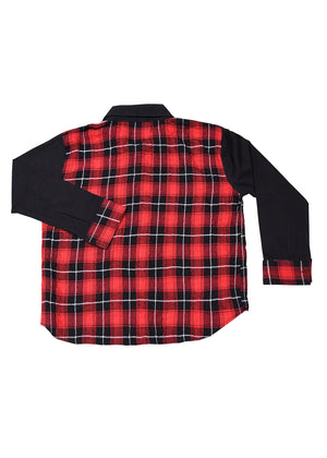 Girls red plaid button-up shirt with black long sleeves, back view
