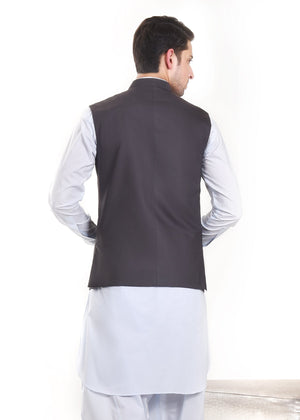 Men's dark gray waistcoat with stand collar, sleeveless back view