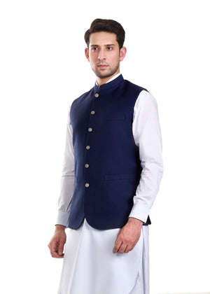 Navy sleeveless waist coat with button placket and chest welt pockets