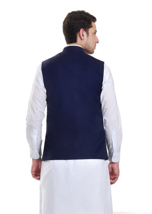 Navy sleeveless waist coat, back view
