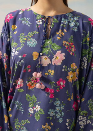 Dark purple floral printed kurta top with small drawstring tie at neckline and long sleeves