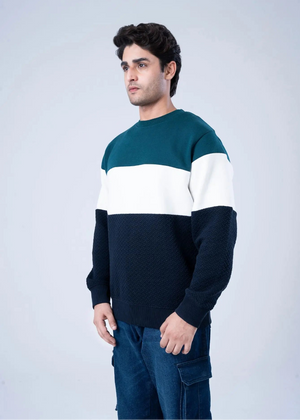 Men's fleece crewneck sweatshirt with green, white, and navy horizontal stripes