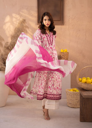 Pink floral tunic and sheer dupatta draped over shoulders, ankle-length pants