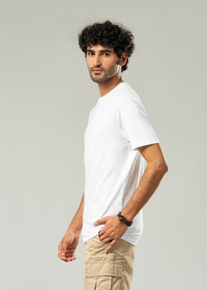 White men's round neck short-sleeve T-shirt, side view on model