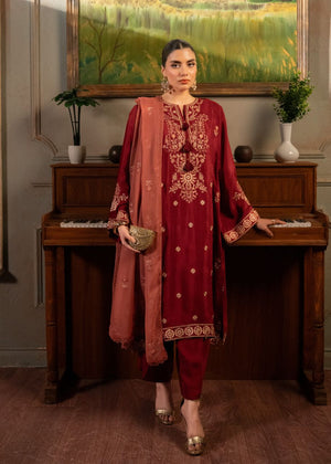 Women's maroon embroidered 3-piece set: long kurta, dupatta, and matching pants