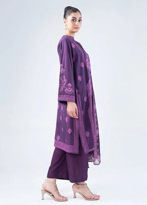 Women's purple printed 3-piece winter suit with long tunic, pants, and dupatta