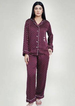 Men's winter night suit, burgundy dotted button-up top with relaxed matching pajama pants