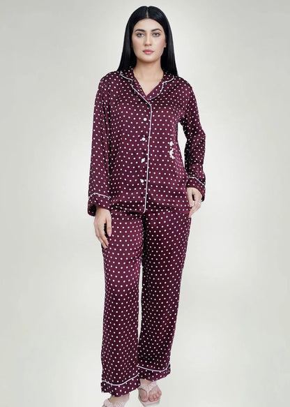NIGHT SUIT BURGUNDY DOTS - LDS-6945