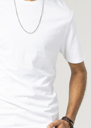 White men's round neck short-sleeve T-shirt, close-up of chest and sleeve
