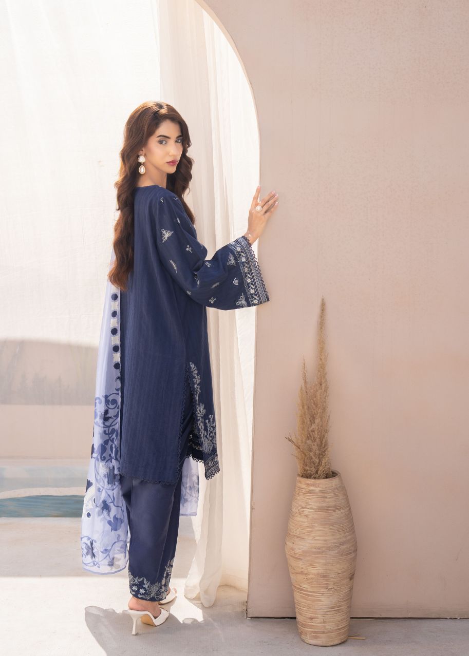 3 PCS EMBROIDERED SUIT D/BLUE LDS-6975